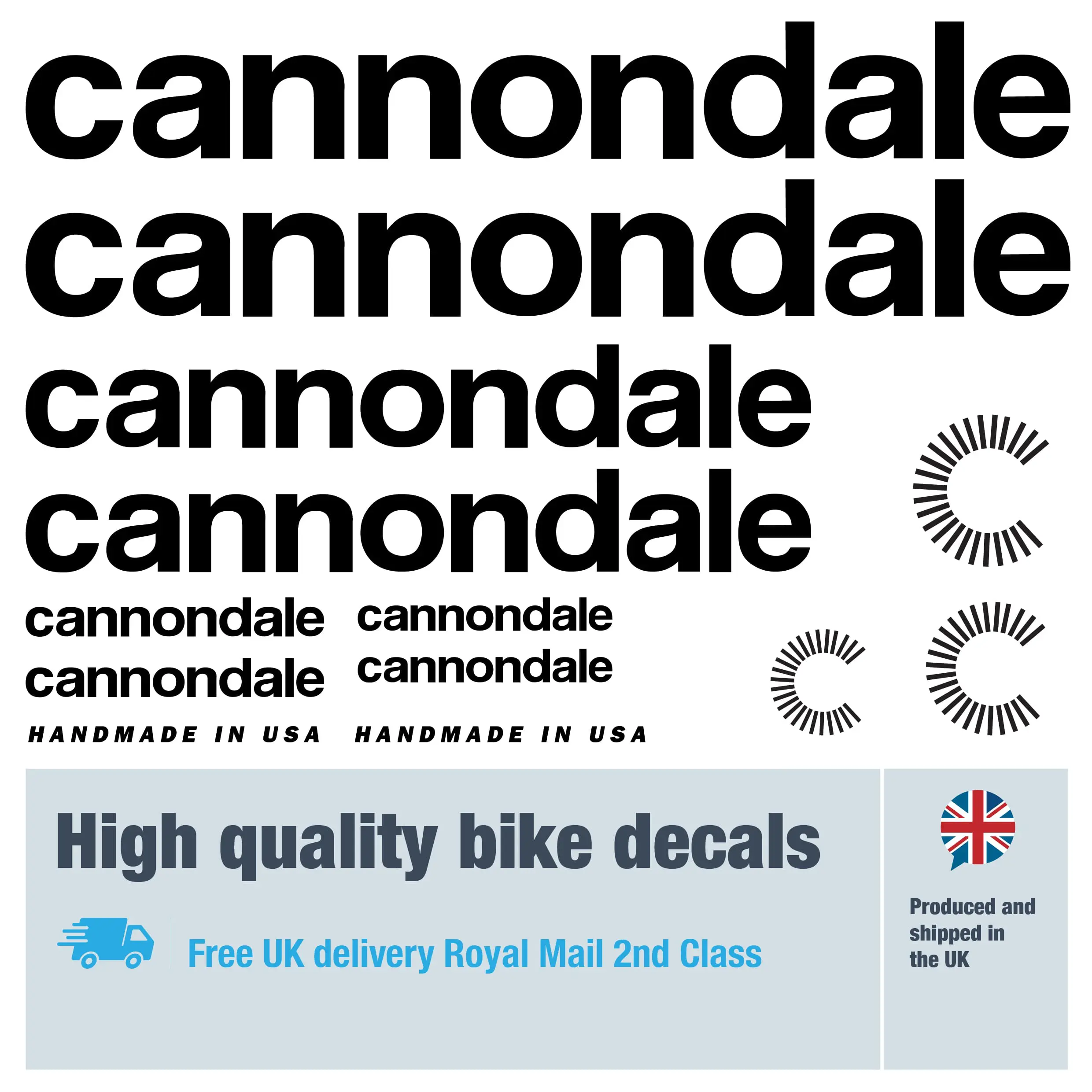 Cannondale bike decal set in black. Replacement vinyl stickers for Cannondale frames.