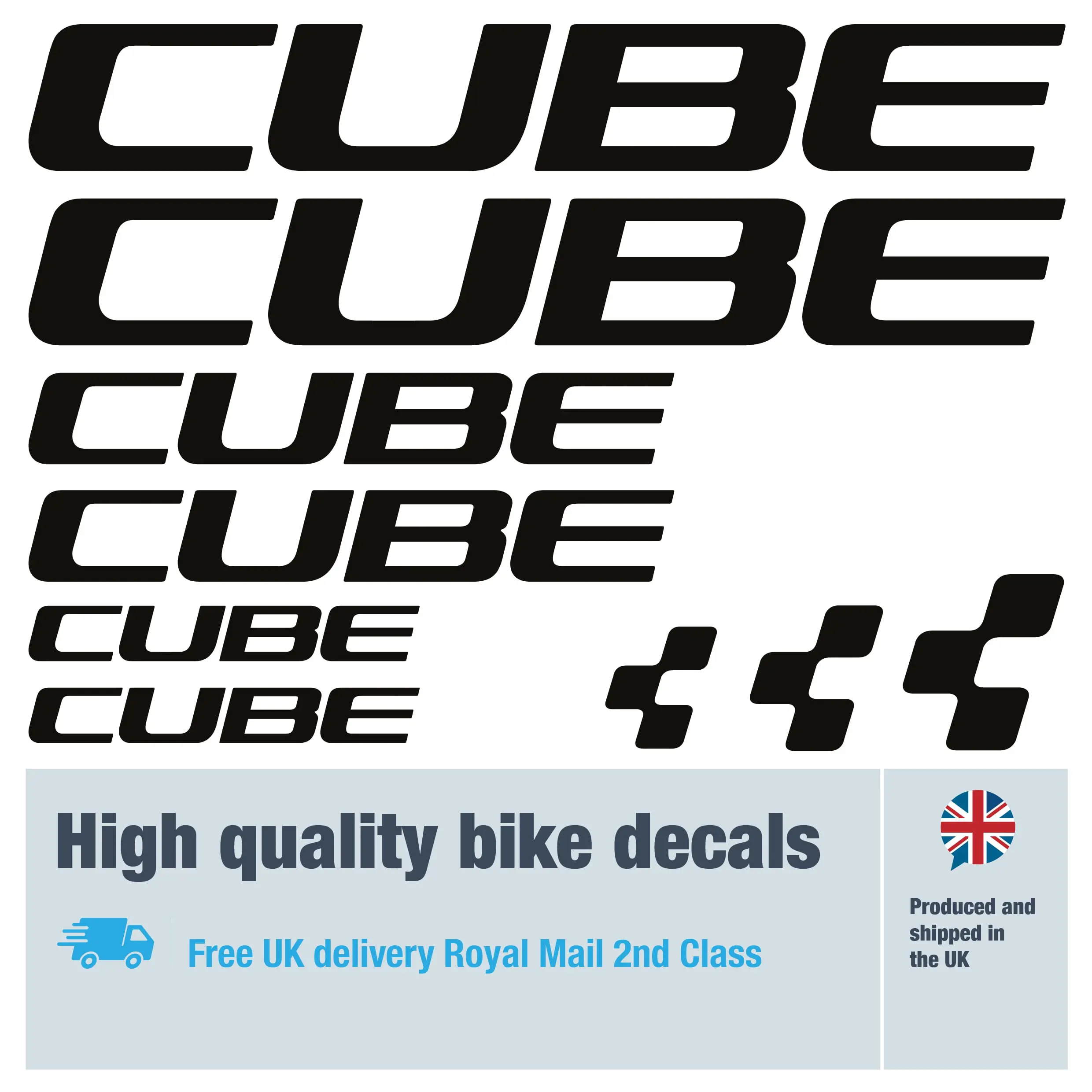 Cube bike decal set in black. Replacement vinyl stickers for Cube frames.