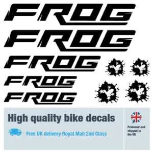 Frog italic bike decal set. Replacement vinyl stickers for Frog bike frames.