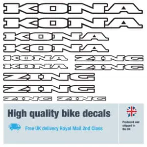 Kona Zing bike decals labels with free bike protection (27 pack) - 20+ colours