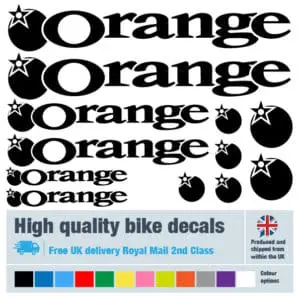 Orange bike decal set in black. Replacement vinyl stickers for Orange frames.