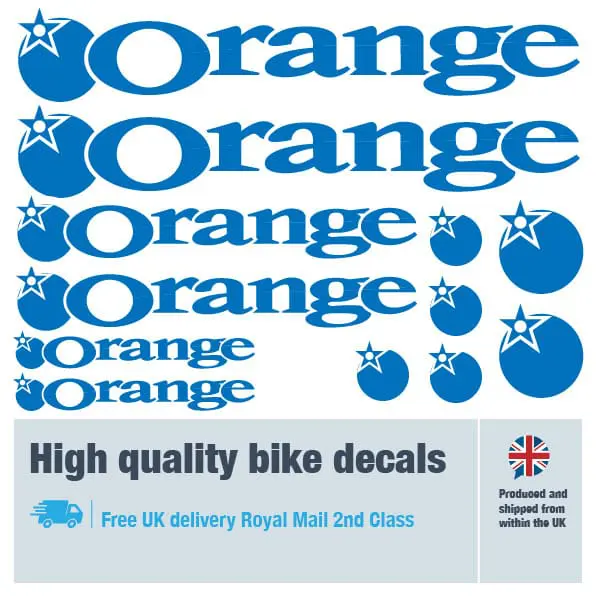 Orange bike decal set in dark blue. Replacement vinyl stickers for Orange frames.