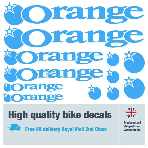 Orange bike decal set in light blue. Replacement vinyl stickers for Orange frames.