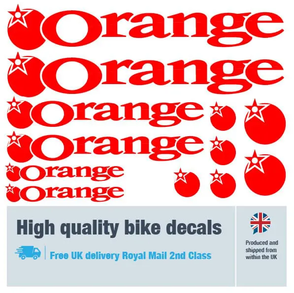 Orange bike decal set in red. Replacement vinyl stickers for Orange frames.
