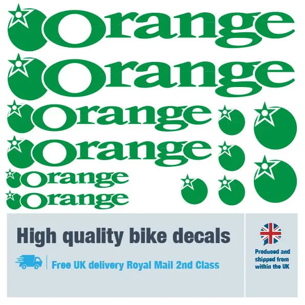 Orange bike decal set in green. Replacement vinyl stickers for Orange frames.