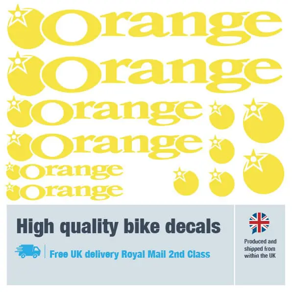 Orange bike decal set in yellow. Replacement vinyl stickers for Orange frames.