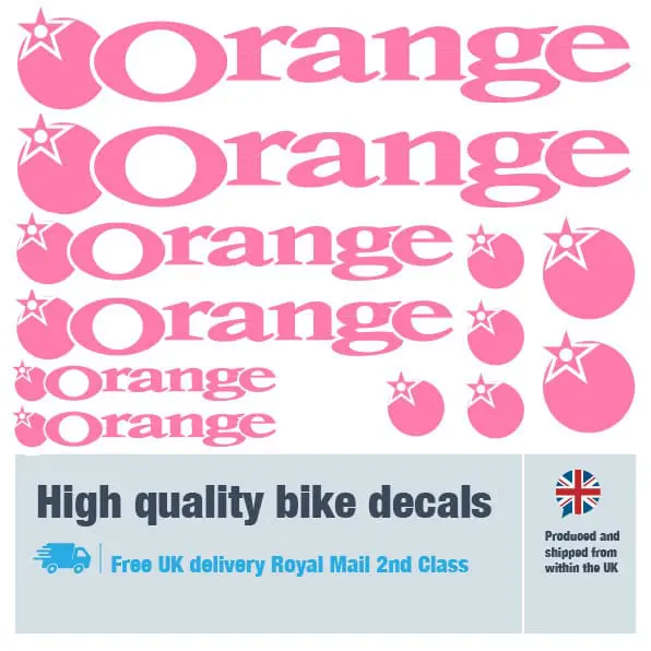 Orange bike decal set in pink. Replacement vinyl stickers for Orange frames.