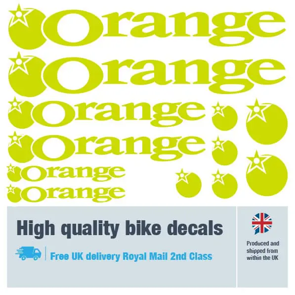 Orange bike decal set in lime. Replacement vinyl stickers for Orange frames.