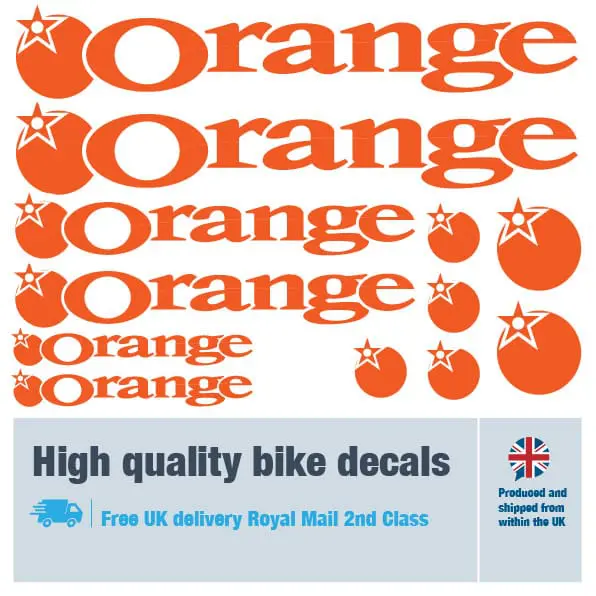 Orange bike decal set in orange. Replacement vinyl stickers for Orange frames.