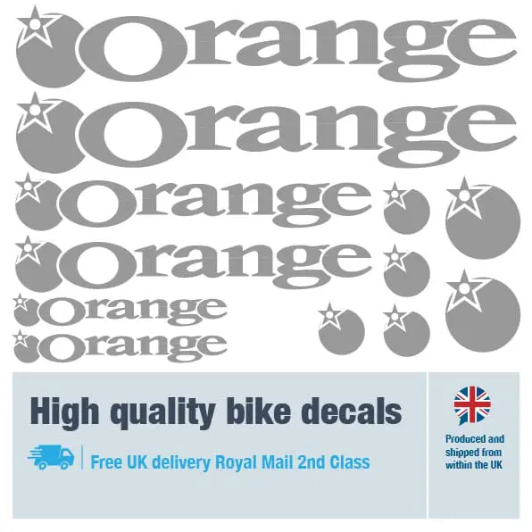 Orange bike decal set in grey. Replacement vinyl stickers for Orange frames.