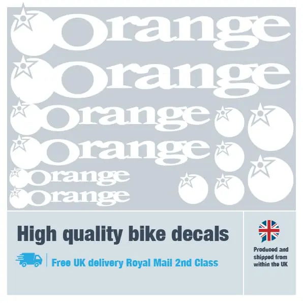Orange bike decal set in white. Replacement vinyl stickers for Orange frames.