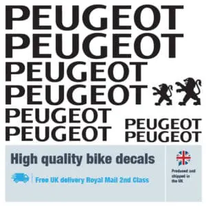 Peugeot bike decals labels with free bike protection (25 pack) - 20+ colours