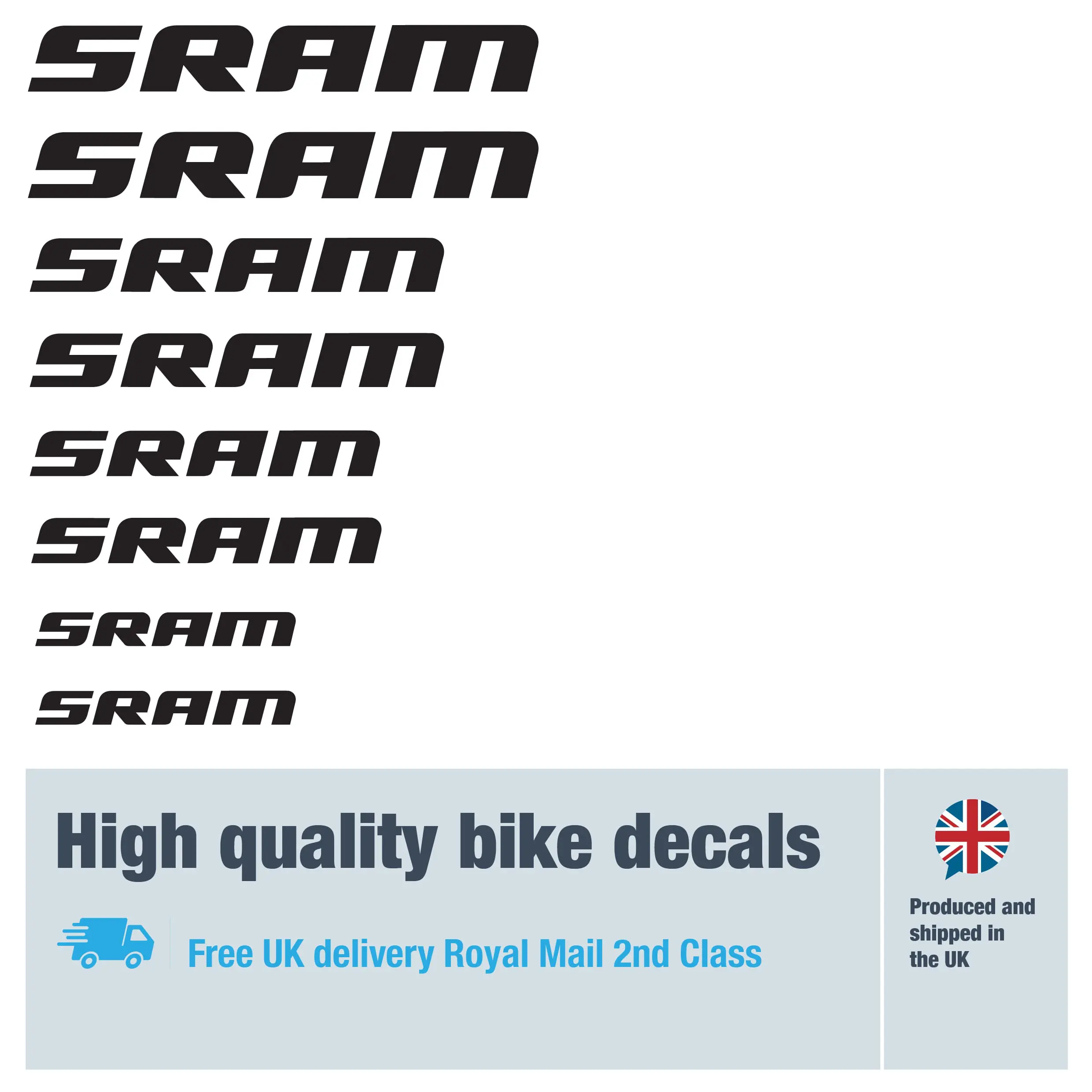 SRAM bike decal set in black. Replacement vinyl stickers for SRAM.