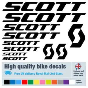 Scott bike decal set in black. Replacement vinyl stickers for Scott frames.