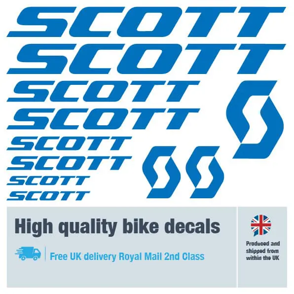 Scott bike decal set in dark blue. Replacement vinyl stickers for Scott frames.
