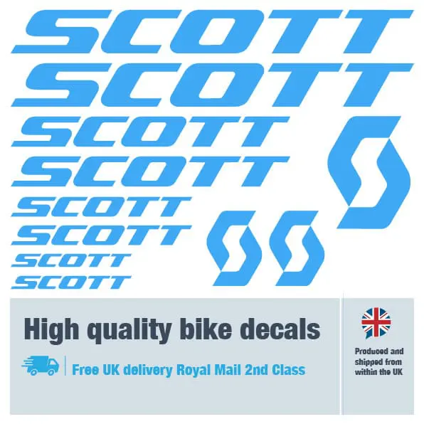 Scott bike decal set in light blue. Replacement vinyl stickers for Scott frames.