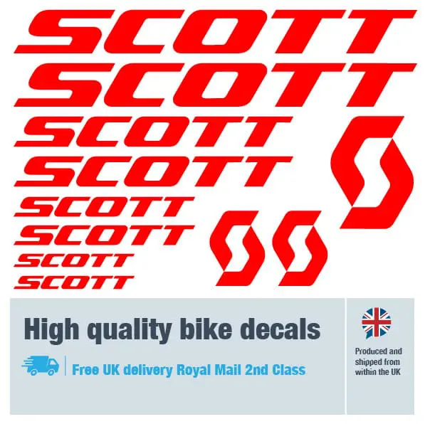 Scott bike decal set in red. Replacement vinyl stickers for Scott frames.