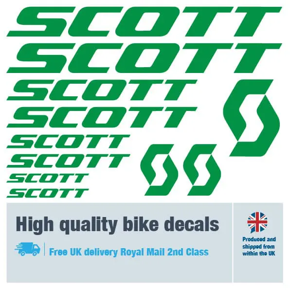 Scott bike decal set in green. Replacement vinyl stickers for Scott frames.