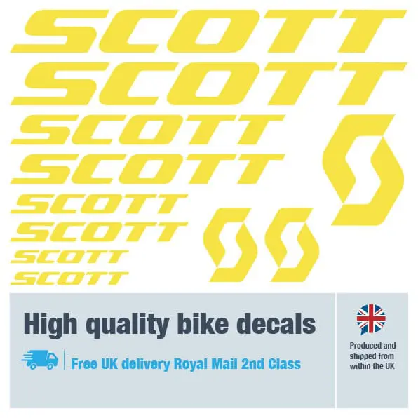 Scott bike decal set in yellow. Replacement vinyl stickers for Scott frames.