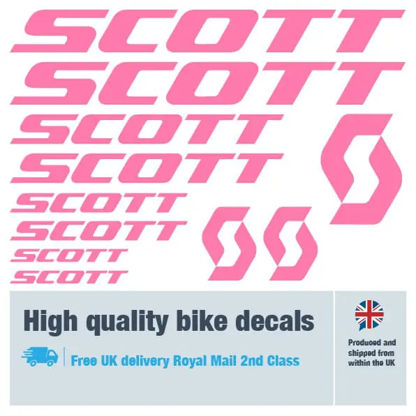 Scott bike decal set in pink. Replacement vinyl stickers for Scott frames.