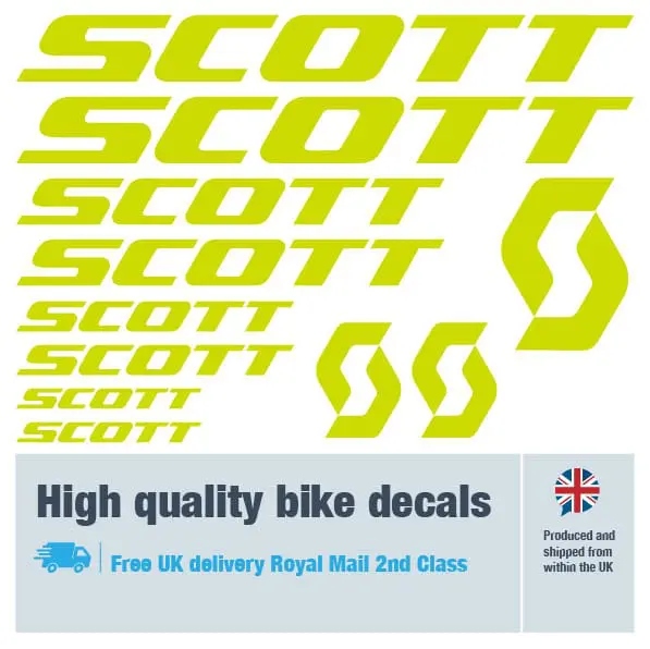 Scott bike decal set in lime. Replacement vinyl stickers for Scott frames.