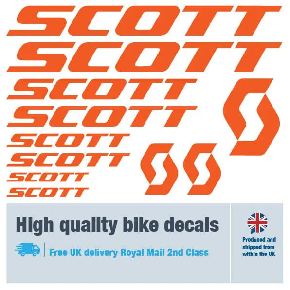 Scott bike decal set in orange. Replacement vinyl stickers for Scott frames.