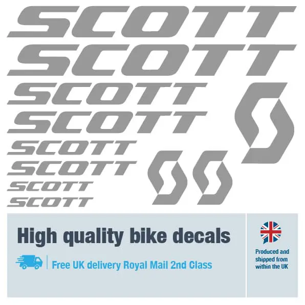 Scott bike decal set in grey. Replacement vinyl stickers for Scott frames.