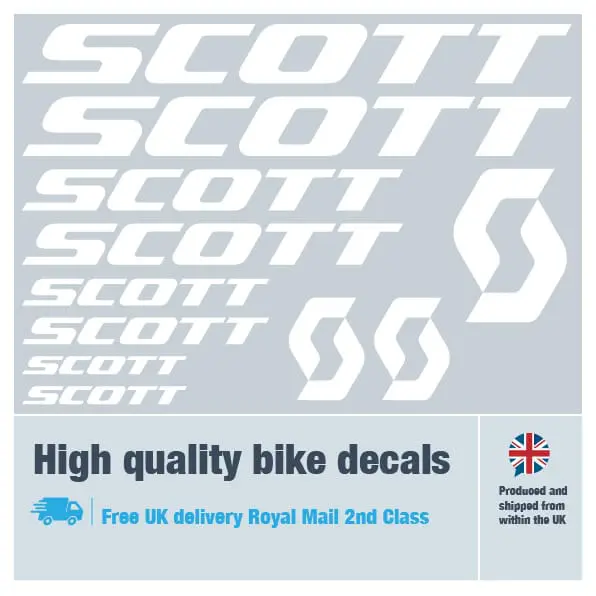 Scott bike decal set in white. Replacement vinyl stickers for Scott frames.