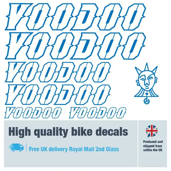 Voodoo outline bike decal set in dark blue. Replacement vinyl stickers for Voodoo frames.