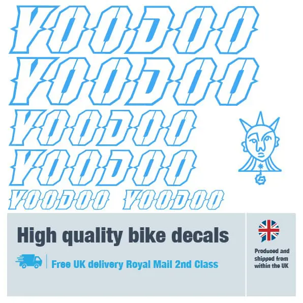 Voodoo outline bike decal set in light blue. Replacement vinyl stickers for Voodoo frames.