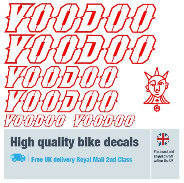 Voodoo outline bike decal set in red. Replacement vinyl stickers for Voodoo frames.