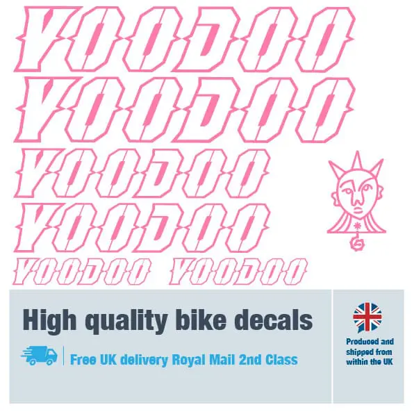 Voodoo outline bike decal set in pink. Replacement vinyl stickers for Voodoo frames.