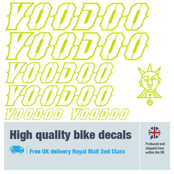 Voodoo outline bike decal set in lime. Replacement vinyl stickers for Voodoo frames.