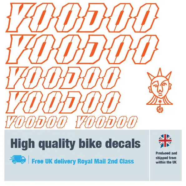 Voodoo outline bike decal set in orange. Replacement vinyl stickers for Voodoo frames.