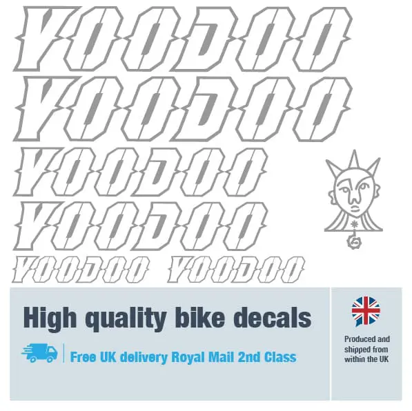 Voodoo outline bike decal set in white. Replacement vinyl stickers for Voodoo frames.