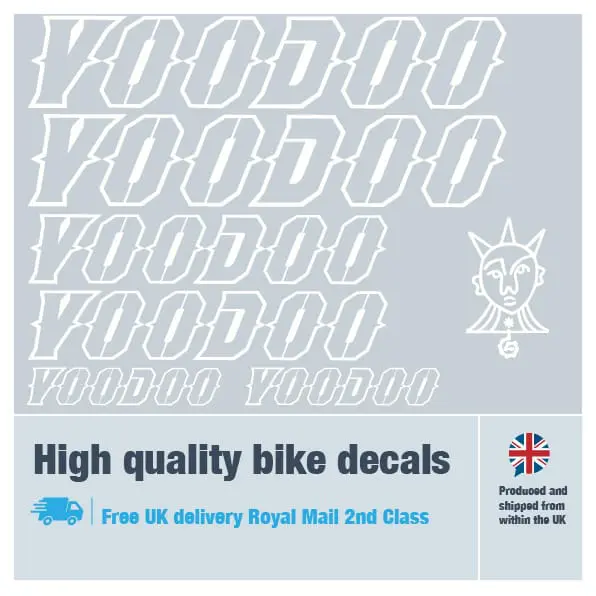 Voodoo outline bike decal set in white. Replacement vinyl stickers for Voodoo frames.