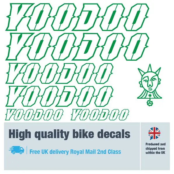 Voodoo outline bike decal set in green. Replacement vinyl stickers for Voodoo frames.