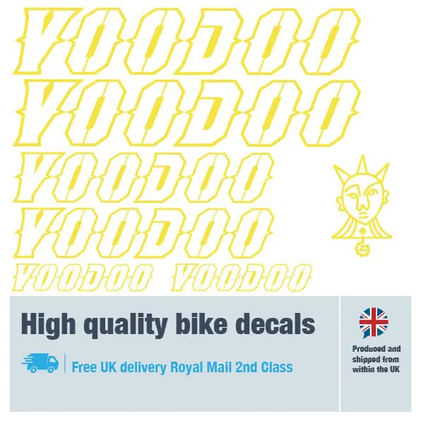 Voodoo outline bike decal set in yellow. Replacement vinyl stickers for Voodoo frames.