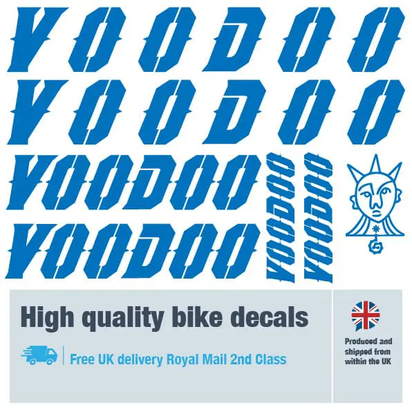 Voodoo bike decal set in dark blue. Replacement vinyl stickers for Voodoo frames.