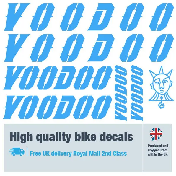 Voodoo bike decal set in light blue. Replacement vinyl stickers for Voodoo frames.