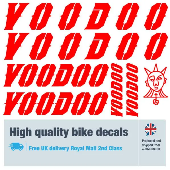 Voodoo bike decal set in red. Replacement vinyl stickers for Voodoo frames.