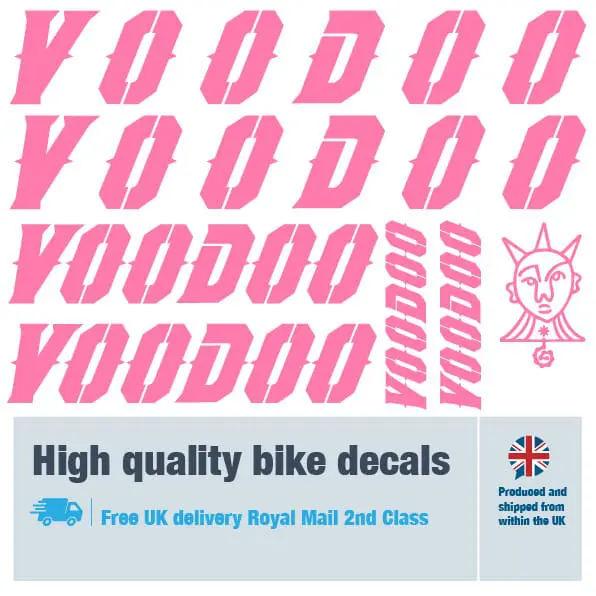 Voodoo bike decal set in pink. Replacement vinyl stickers for Voodoo frames.