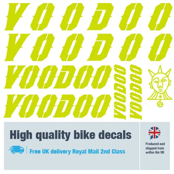 Voodoo bike decal set in lime. Replacement vinyl stickers for Voodoo frames.