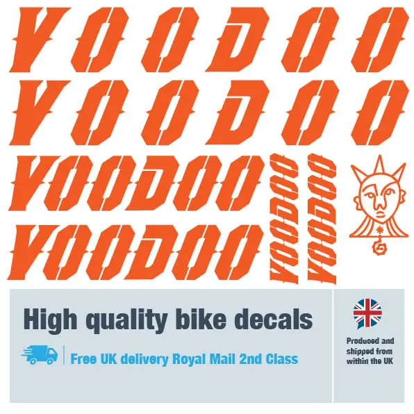 Voodoo bike decal set in orange. Replacement vinyl stickers for Voodoo frames.