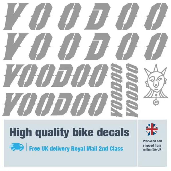 Voodoo bike decal set in silver. Replacement vinyl stickers for Voodoo frames.