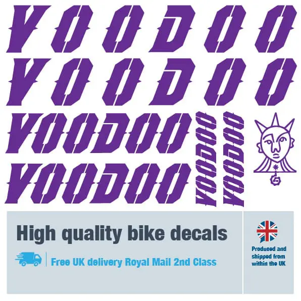 Voodoo bike decal set in purple. Replacement vinyl stickers for Voodoo frames.