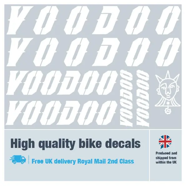 Voodoo bike decal set in white. Replacement vinyl stickers for Voodoo frames.