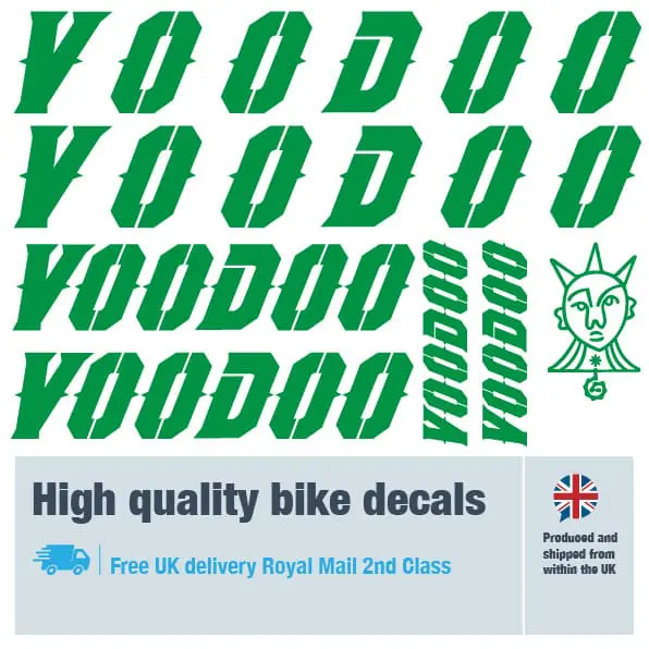 Voodoo bike decal set in green. Replacement vinyl stickers for Voodoo frames.