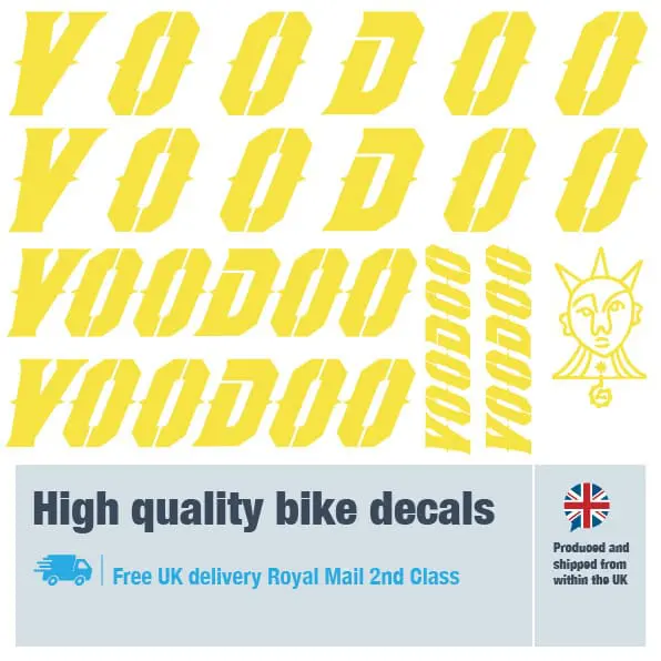 Voodoo bike decal set in yellow. Replacement vinyl stickers for Voodoo frames.