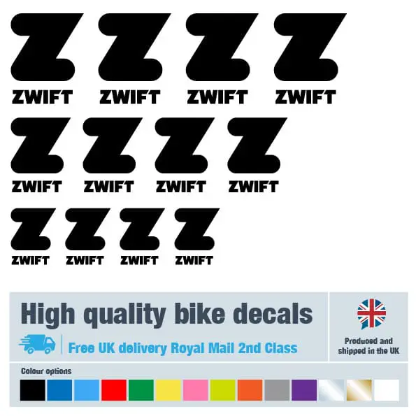 Zwift bike fork decal set in black. Replacement vinyl stickers for Zwift forks.